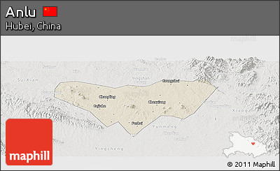Shaded Relief Panoramic Map of Anlu, lighten, semi-desaturated