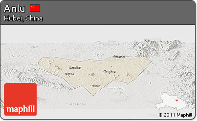 Shaded Relief Panoramic Map of Anlu, lighten, semi-desaturated
