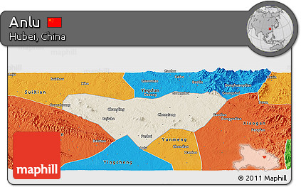 Shaded Relief Panoramic Map of Anlu, political outside