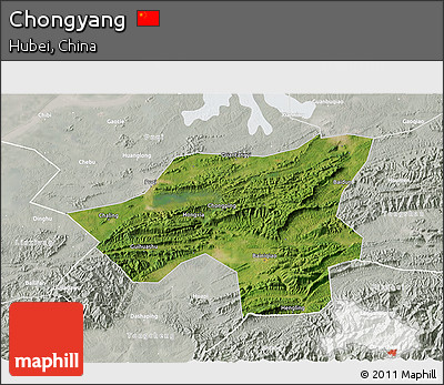 Satellite 3D Map of Chongyang, lighten, semi-desaturated