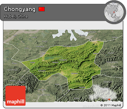 Satellite 3D Map of Chongyang, semi-desaturated