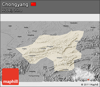 Shaded Relief 3D Map of Chongyang, darken, desaturated