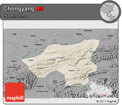 Shaded Relief 3D Map of Chongyang, darken, desaturated