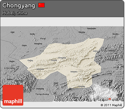 Shaded Relief 3D Map of Chongyang, darken, desaturated
