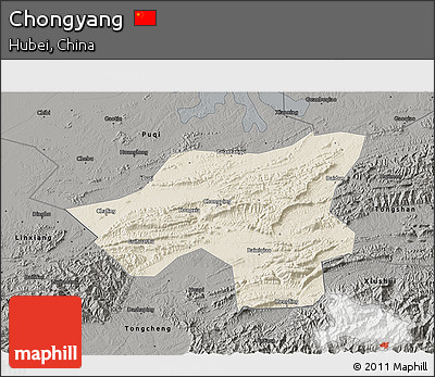 Shaded Relief 3D Map of Chongyang, darken, semi-desaturated