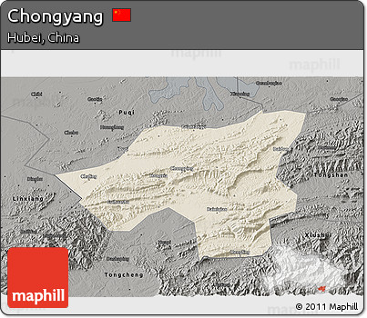 Shaded Relief 3D Map of Chongyang, darken, semi-desaturated