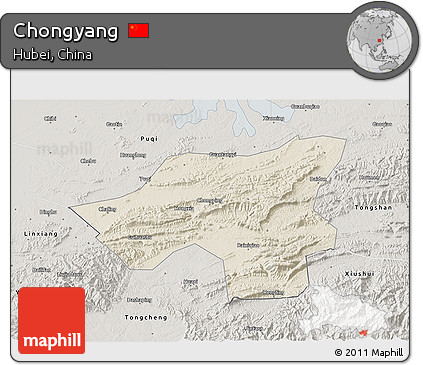 Shaded Relief 3D Map of Chongyang, semi-desaturated