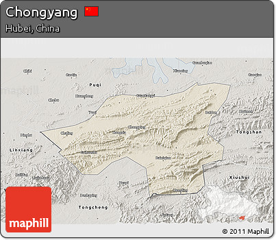 Shaded Relief 3D Map of Chongyang, semi-desaturated