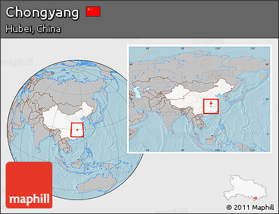 Gray Location Map of Chongyang, highlighted country, within the entire country, hill shading