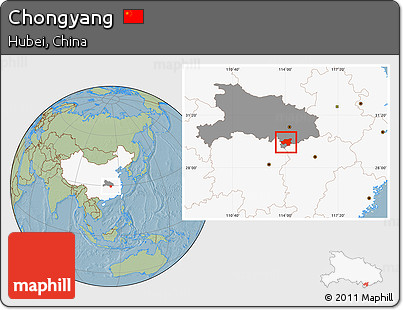 Savanna Style Location Map of Chongyang, highlighted country, highlighted parent region, hill shading