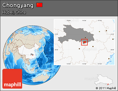 Shaded Relief Location Map of Chongyang, highlighted country, highlighted parent region