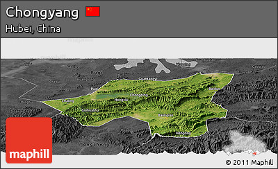 Satellite Panoramic Map of Chongyang, darken, desaturated
