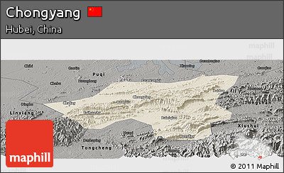 Shaded Relief Panoramic Map of Chongyang, darken, semi-desaturated