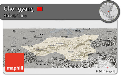 Shaded Relief Panoramic Map of Chongyang, darken, semi-desaturated