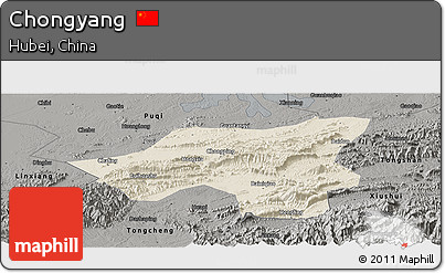 Shaded Relief Panoramic Map of Chongyang, darken, semi-desaturated