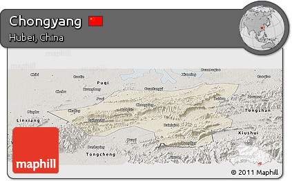 Shaded Relief Panoramic Map of Chongyang, semi-desaturated