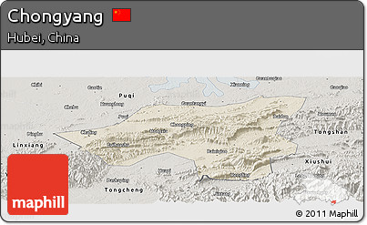Shaded Relief Panoramic Map of Chongyang, semi-desaturated