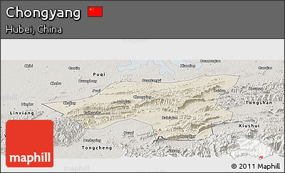 Shaded Relief Panoramic Map of Chongyang, semi-desaturated