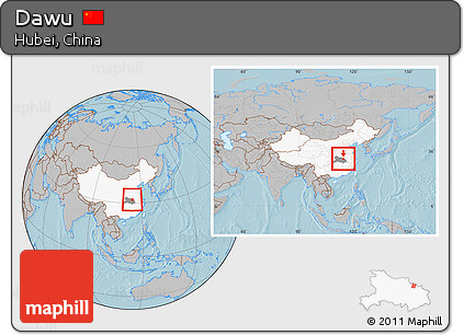 Gray Location Map of Dawu, highlighted country, highlighted parent region, within the entire country, hill shading