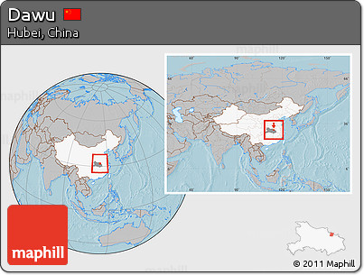 Gray Location Map of Dawu, highlighted country, highlighted parent region, within the entire country, hill shading