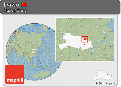 Savanna Style Location Map of Dawu, highlighted parent region, hill shading