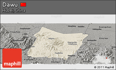Shaded Relief Panoramic Map of Dawu, darken, semi-desaturated