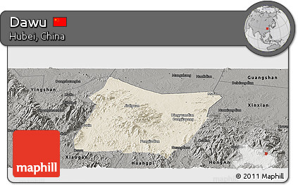Shaded Relief Panoramic Map of Dawu, darken, semi-desaturated