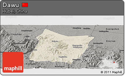 Shaded Relief Panoramic Map of Dawu, darken, semi-desaturated