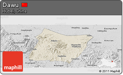 Shaded Relief Panoramic Map of Dawu, desaturated