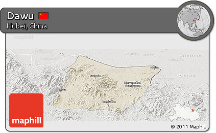 Shaded Relief Panoramic Map of Dawu, lighten, semi-desaturated