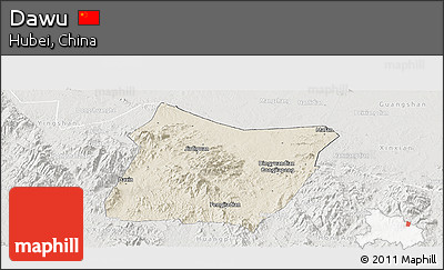 Shaded Relief Panoramic Map of Dawu, lighten, semi-desaturated