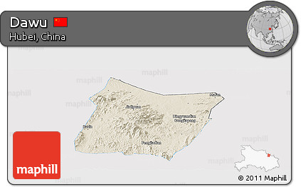 Shaded Relief Panoramic Map of Dawu, single color outside