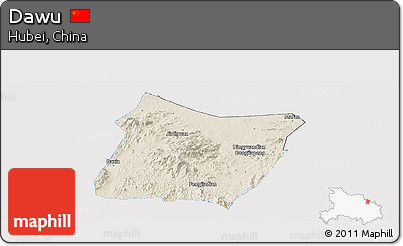 Shaded Relief Panoramic Map of Dawu, single color outside