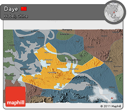 Political 3D Map of Daye, darken, semi-desaturated