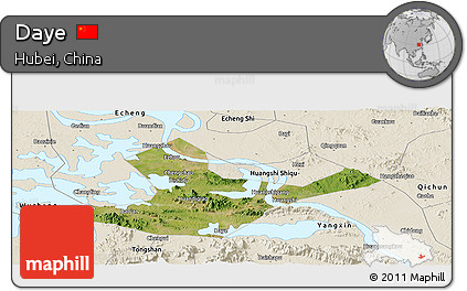 Satellite Panoramic Map of Daye, shaded relief outside