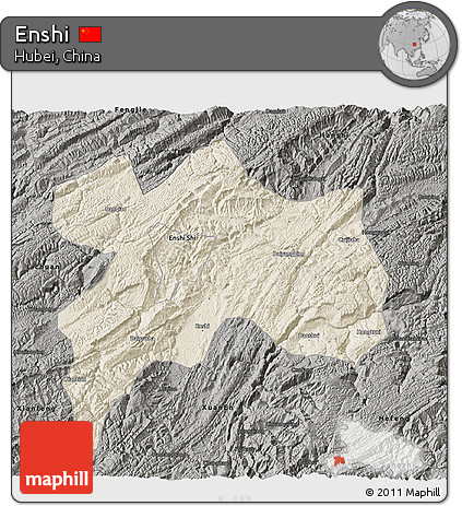 Shaded Relief 3D Map of Enshi, darken, semi-desaturated