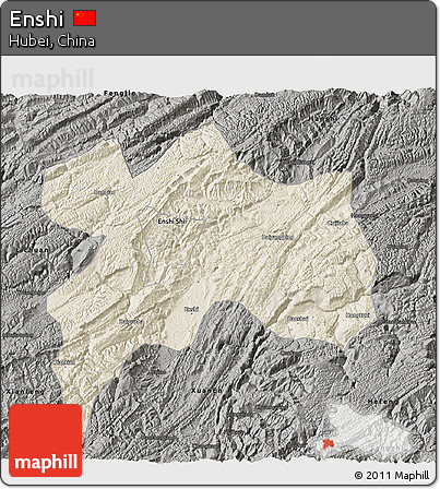 Shaded Relief 3D Map of Enshi, darken, semi-desaturated