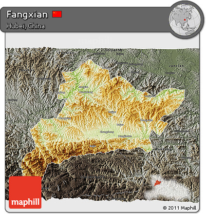 Physical 3D Map of Fangxian, darken, semi-desaturated
