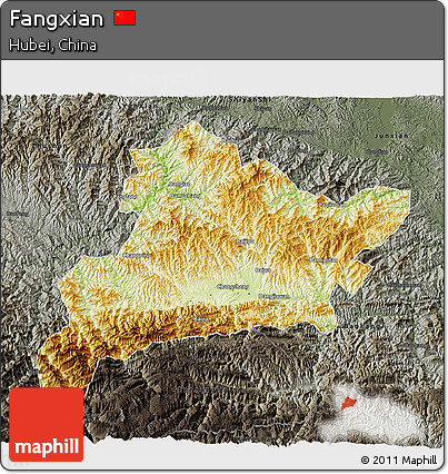 Physical 3D Map of Fangxian, darken, semi-desaturated