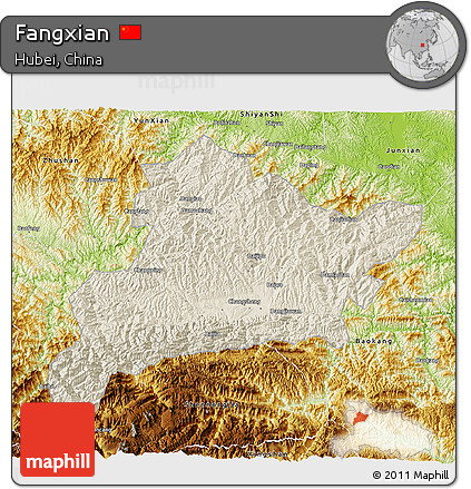Shaded Relief 3D Map of Fangxian, physical outside