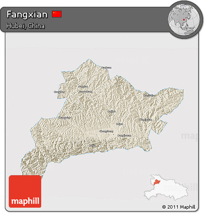 Shaded Relief 3D Map of Fangxian, single color outside