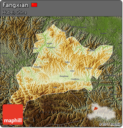 Physical Map of Fangxian, darken