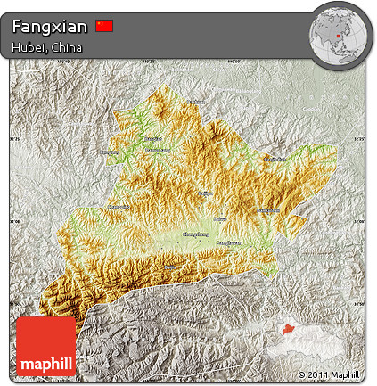 Physical Map of Fangxian, lighten, semi-desaturated