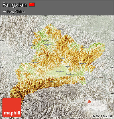 Physical Map of Fangxian, lighten, semi-desaturated