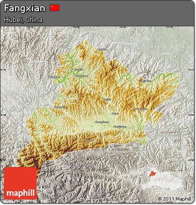 Physical Map of Fangxian, lighten, semi-desaturated