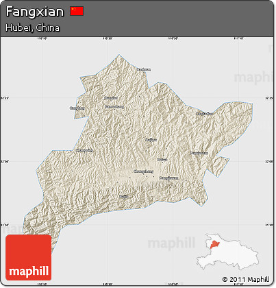 Shaded Relief Map of Fangxian, single color outside