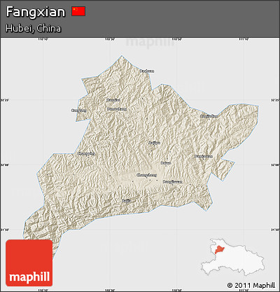 Shaded Relief Map of Fangxian, single color outside