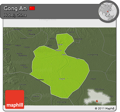 Physical 3D Map of Gong An, darken, semi-desaturated