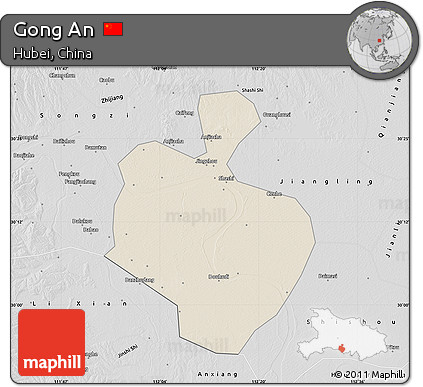 Shaded Relief Map of Gong An, desaturated
