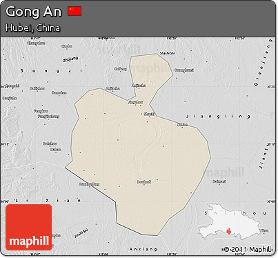 Shaded Relief Map of Gong An, desaturated